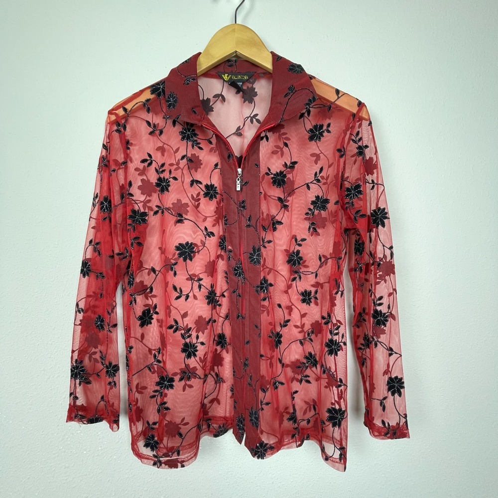 Valentina Full Zip Top Women's Sz XL Red Black Floral Burnout Velvet Sheer Goth